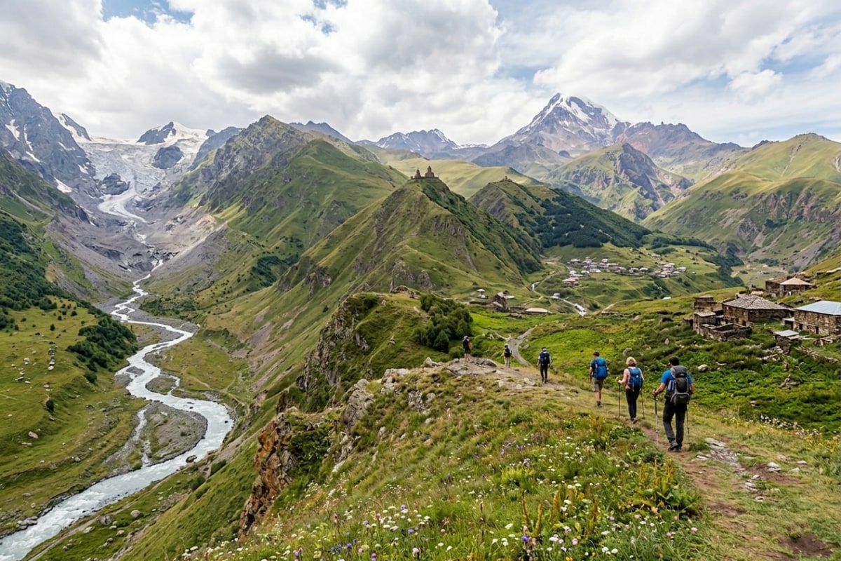 The Khevi valley and alpine meadows of Kazbegi with mountain peaks in the background