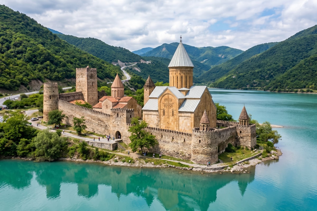 Ananuri Fortress reflected on Zhinvali Reservoir