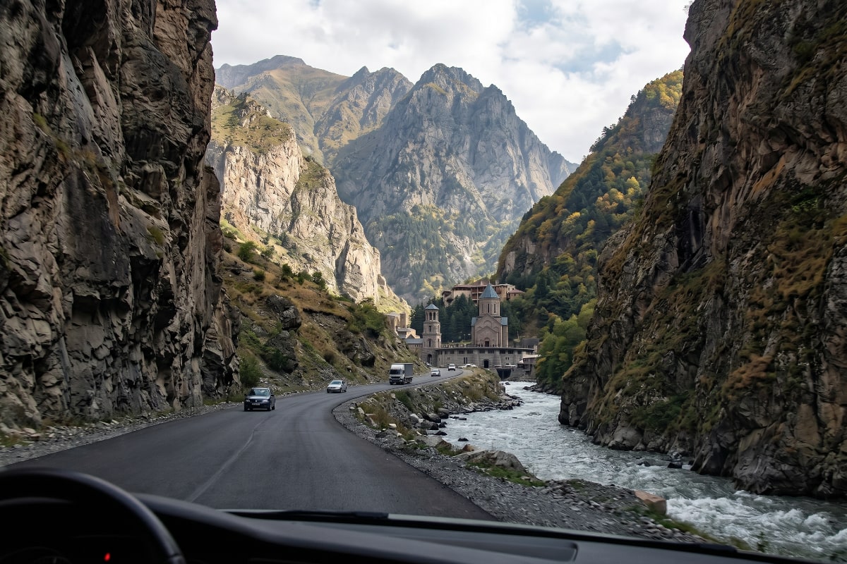 The dramatic narrow walls of Dariali Gorge with the Terek River below