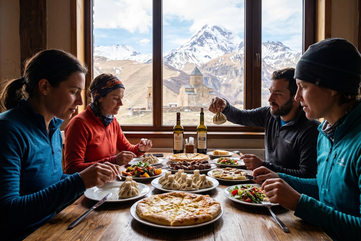 Traditional Georgian mountain food on a wooden table at a local guesthouse