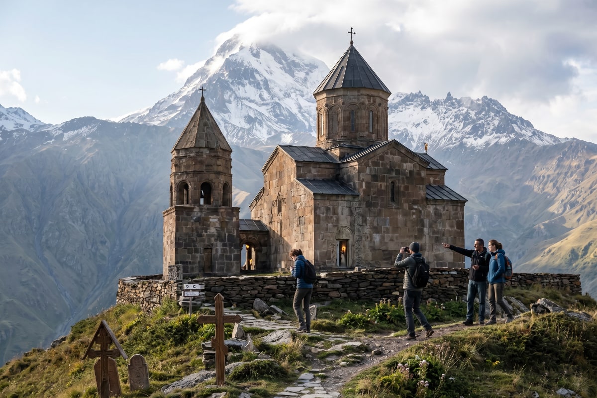 Gergeti Trinity Church viewed from the meadow below with snowy peaks behind