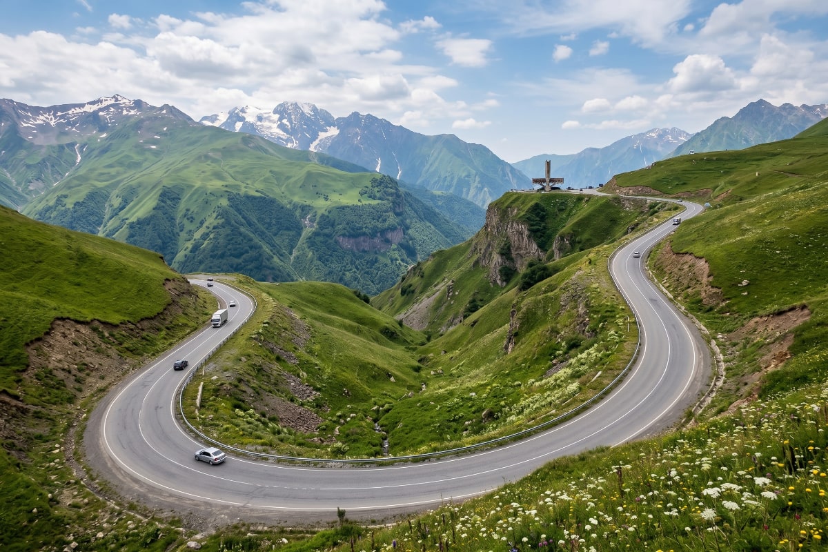 The Georgian Military Highway winding through mountain passes toward Kazbegi