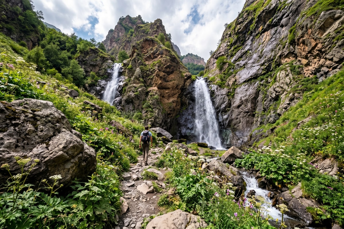 Gveleti waterfall in a forested mountain gorge