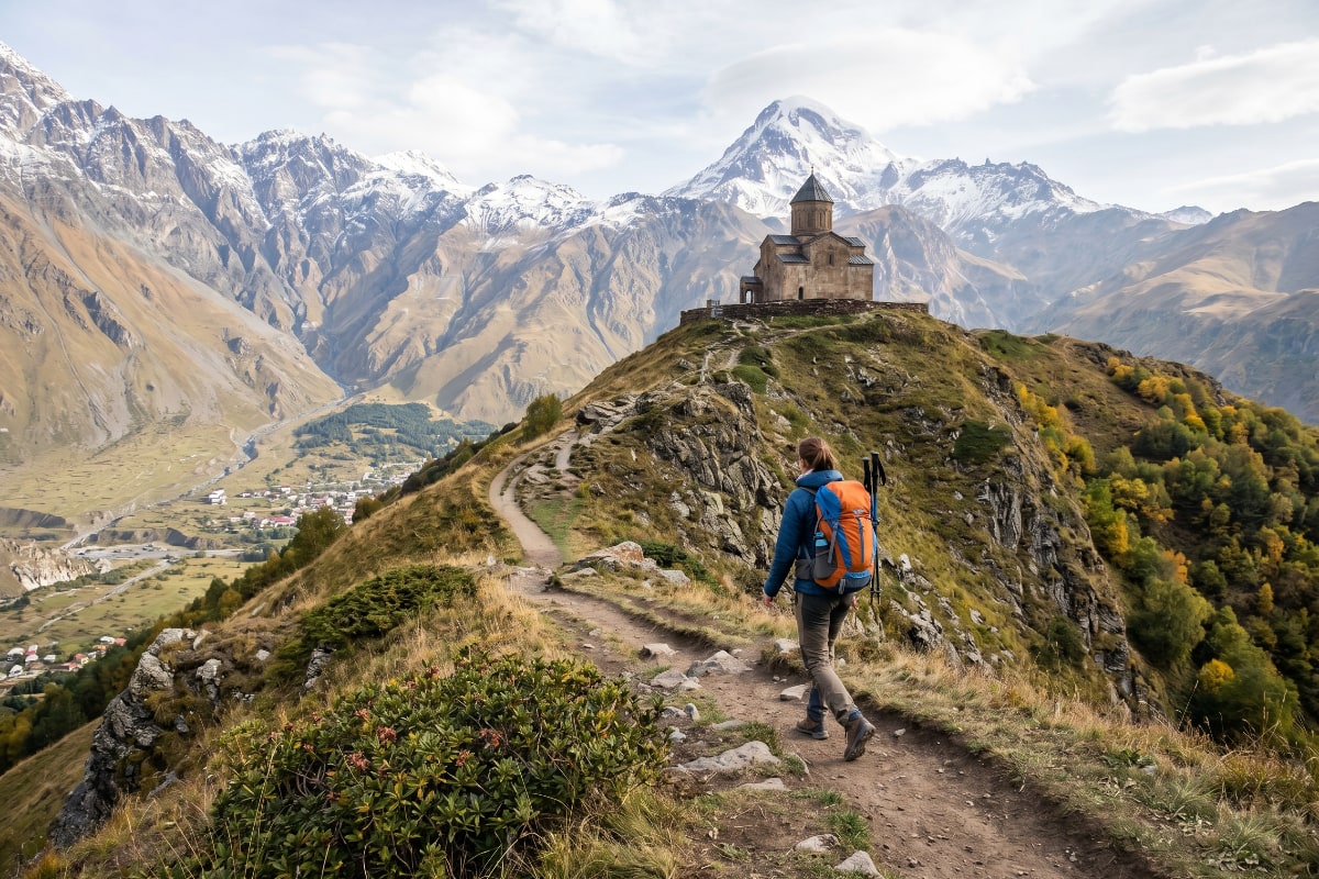 The trail rising steeply toward Gergeti Trinity Church