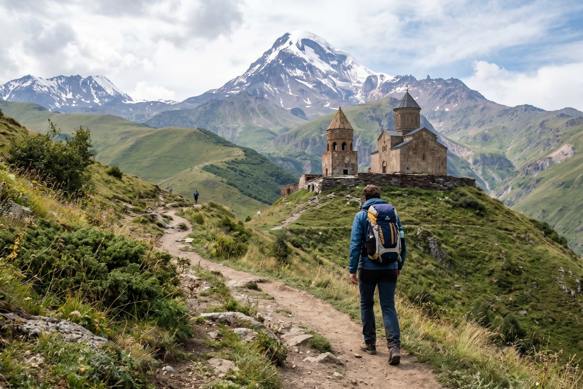 Looking up at Gergeti Trinity Church from the valley trail