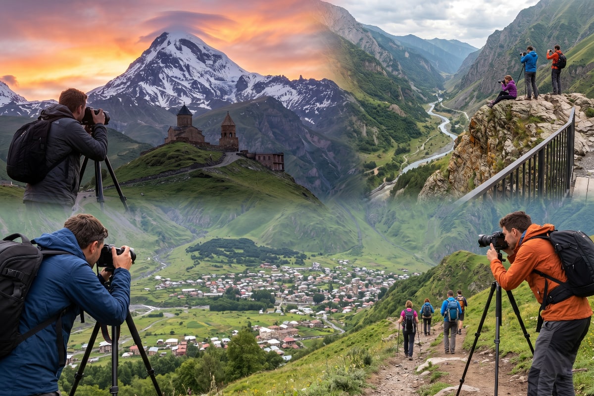 Golden hour light across the Kazbegi valley with church silhouette