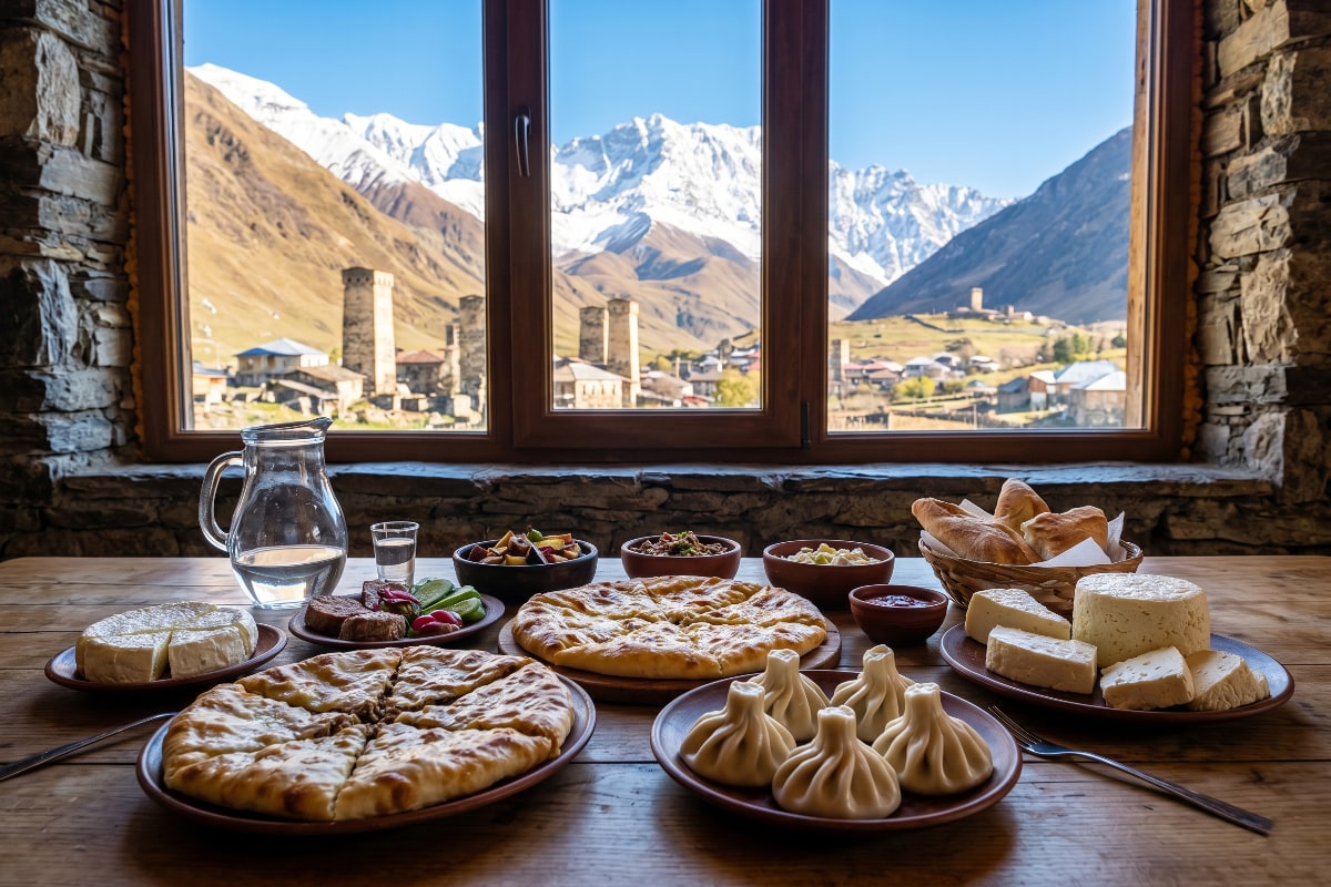 Local Georgian highland food served in a rustic mountain guesthouse
